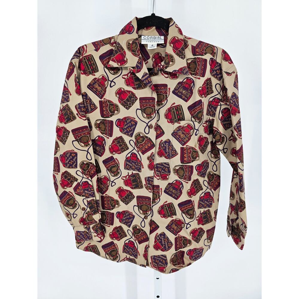 Corbin brand women's long-sleeve blouse featuring a novelty handbag print Sz 4